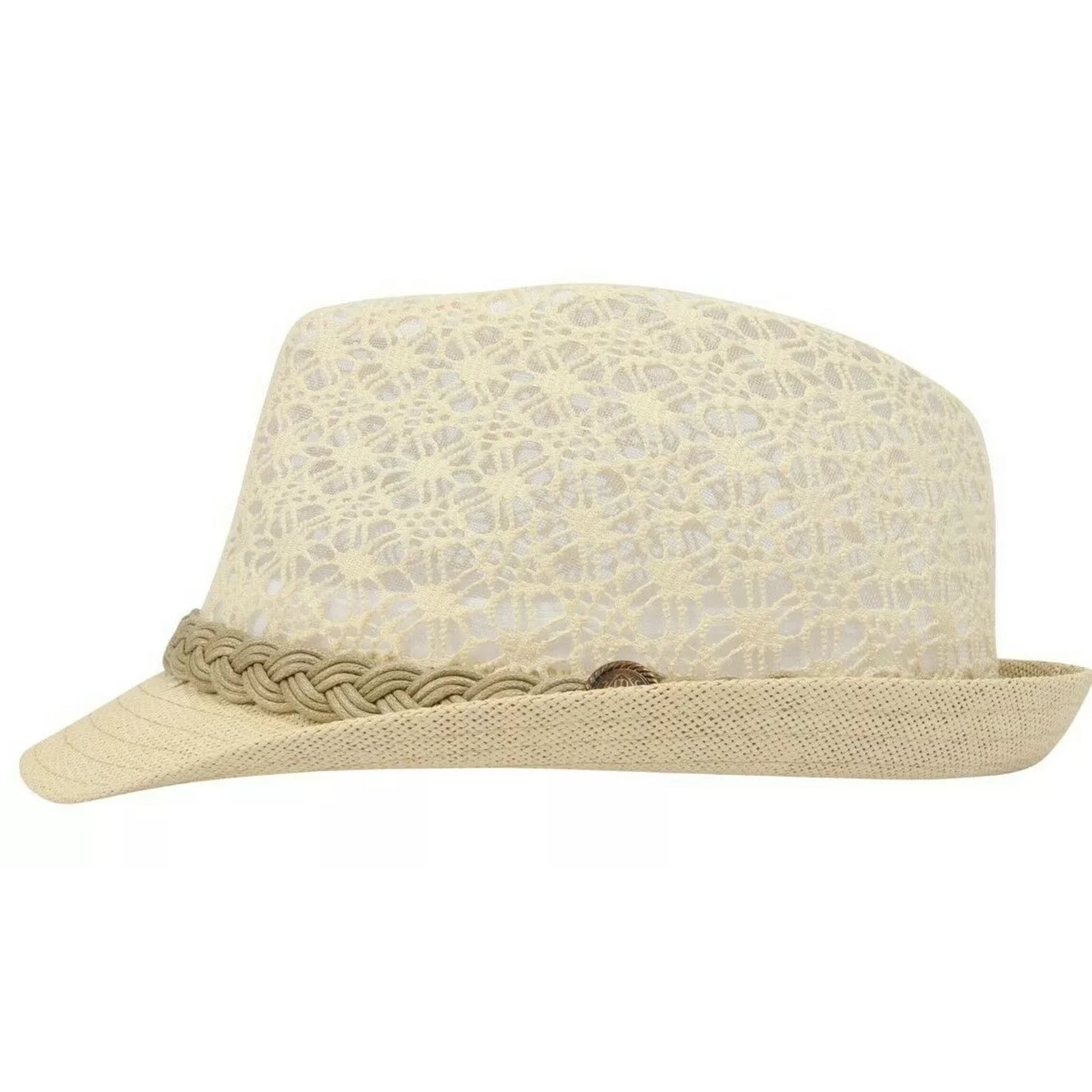 Ladies lace effect trilby sun hat in cream with woven braid band and button detail